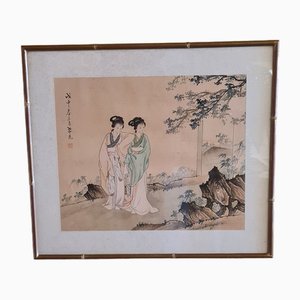 Geishas, 1950s, Watercolor on Silk, Framed