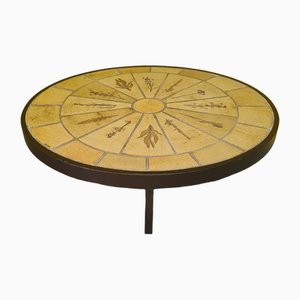 Oval Coffee Table with Ceramic Tiles and Wooden Base by Roger Capron, 1970s