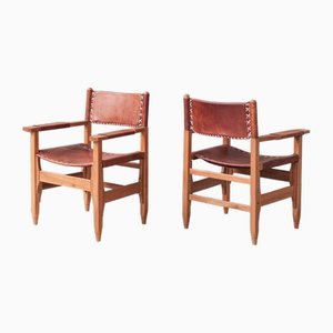 Mid-Century French Leather Armchairs, Set of 2