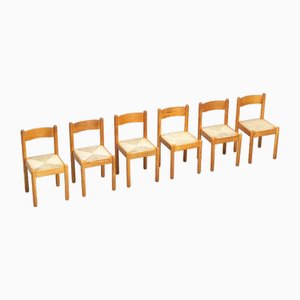 Mid-Century French Wooden Chalet Chairs with Straw Seats, Set of 6