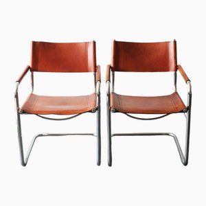 Sillas vintage con silla de montar en marrón coñac, años 80. Juego de 2