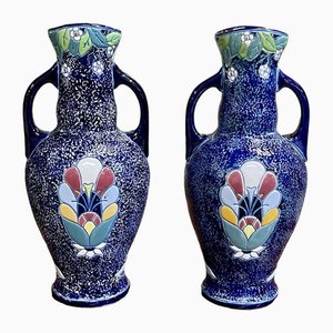 Art Deco Vasen aus emailliertem Steingut, 2er Set