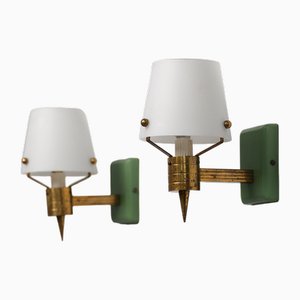 Mid-Century Italian Brass and Opaline Glass Wall Sconces, 1950s, Set of 2