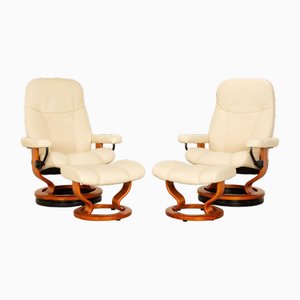 Consul Leather Armchair Set in Cream with Stool, Set of 2