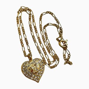 Goldene Vintage Herz & Logo Halskette mit Kristallanhänger von Celine