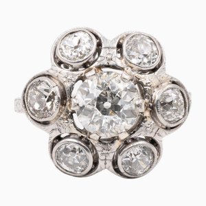 Vintage Platinum Flower Ring with Central Diamond and Diamond Surround, 1930s