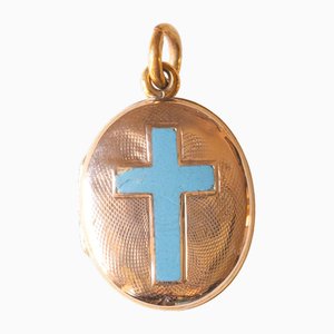 Victorian Oval-Shaped Photo Pendant with 9k Yellow Gold Foil on Metal and with Cross Decorated with Blue Enamel, Early 20th Century