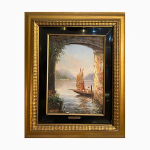 F. Mancini, Aperçu d'un paysage de lac, années 1800, peinture à l'huile sur bois, encadrée