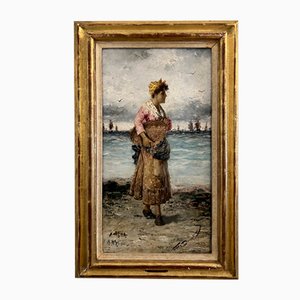 Frederick Reginald Donat, Mujer con red de pesca, óleo sobre madera, Enmarcado