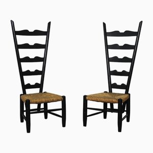 Set of Fireside Chairs in Black Lacquered Wood and Rush by Gio Ponti for Casa E Giardino, 1950s