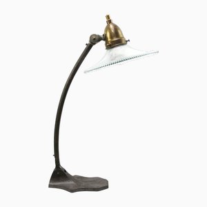 French Holophane Glass, Brass and Cast Iron Desk Light / Table Lamp