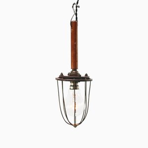 French Work Ceiling Lamp with Wooden Handle & Iron Cage