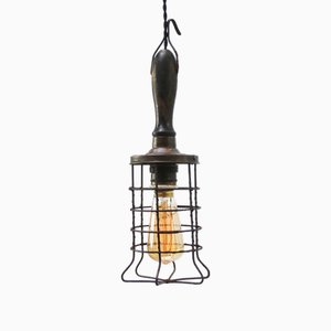 French Work Ceiling Lamp with Wooden Handle, Brass Top & Iron Cage