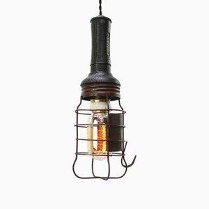 French Work Ceiling Lamp with Rubber Handle & Iron Cage