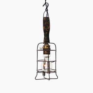French Work Ceiling Lamp with Wooden Handle and Brass & Iron Cage