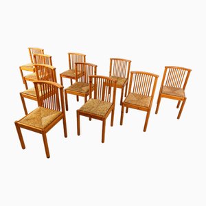 Scandinavian Pine Wood and Wicker Dining Chairs, 1970s, Set of 10