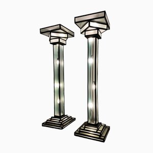 Large Art Deco Floor Lamps Hotel Hammered Iron and Glass, France, 1930s, Set of 2