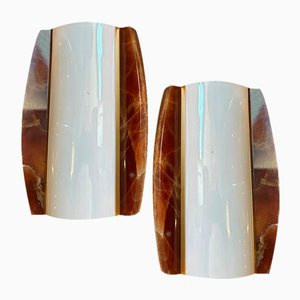 Mid-Century Modern Italian Marble Brass and Acrylic Glass Wall Sconces, 1960s, Set of 2