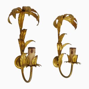 Vintage Wandlampen aus goldenem Metall in Palmblatt, 1960er, 2er Set