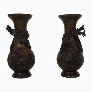 Vases Dragon Antiques en Bronze Patiné, Japon, 1900