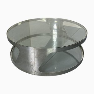 Space Age Stainless Steel and Glass Round Coffee Table, France, 1980s