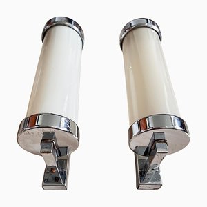 Functionalist Chrome Milk Glass Wall Lamps, 1930s