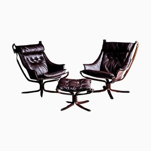 Falcon Chairs with Stool attributed to Sigurd Ressell Norway, 1970s, Set of 3