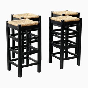 Barhocker aus Rattan & Holz, 1970er, 4er Set