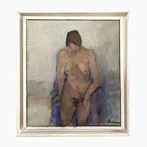 Desnudo en silla morada, años 50, pintura al óleo, con marco