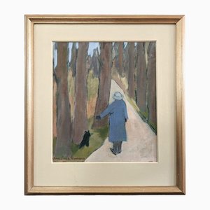 Dog Walk, Oil Painting, 1950s, Framed