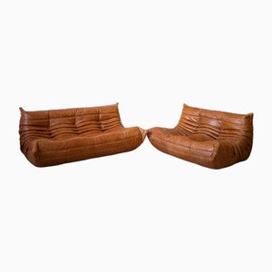 Pine Leather Togo 2- And 3-Seater Sofas by Michel Ducaroy for Ligne Roset, Set of 2