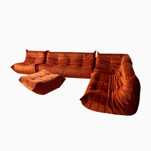 Set da salotto Togo in velluto ambrato e arancione di Michel Ducaroy per Ligne Roset, set di 5