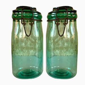 Vintage French Jars in Emerald Green Glass from Lideale, 1940s, Set of 2