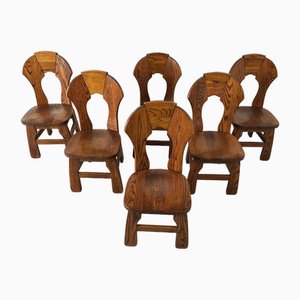 Vintage Brutalist Wooden Dining Chairs, 1960s, Set of 6