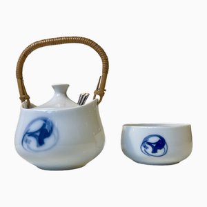 Cuenco Marmelade y azucarero azul de porcelana y bambú de Henning Koppel para Bing & Grondahl, años 60. Juego de 3