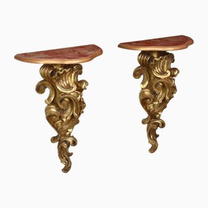 Estantes barrocos de madera dorada, siglo XVII, Italia. Juego de 2