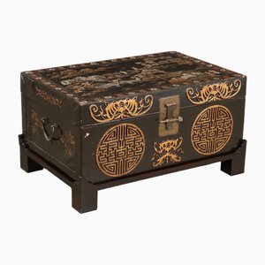 Antique Chinese Trunk in Painted and Lacquered Leather