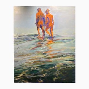 Birgitte Lykke Madsen, Paar: Spaziergang im seichten Wasser, Ölgemälde, 2023
