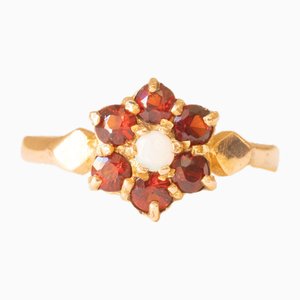 Vintage Flower Ring in 9k Yellow Gold with Opal and Garnets, 1975
