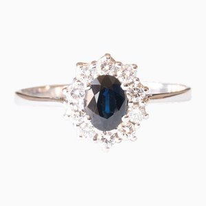 14k White Gold Daisy Ring with Sapphire and Brilliant Cut Diamonds, 1970s