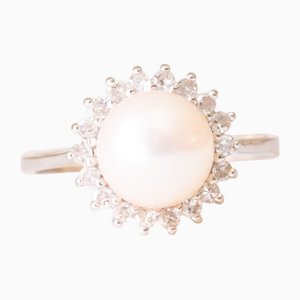 Bague Marguerite Vintage en Or Blanc 14k, Perles Blanches et Diamants, 1960s
