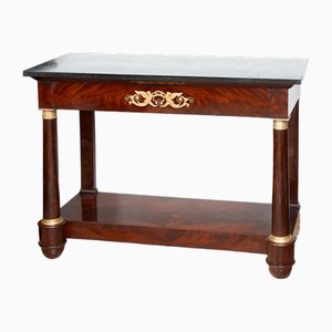 Antique French Empire Console in Mahogany Feather with Black Belgian Marble Top, 19th Century