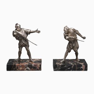 Samurais in Combat in 19th Century Silvered Bronze on Marble Bases, Set of 2