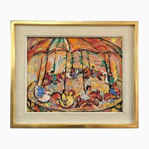 Carousel Joy, 1950s, Huile sur Panneau, Encadré