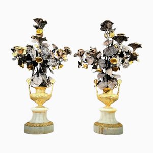 Gilt Bronze Vases with Flowers, 1860, Set of 2