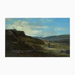 Henri Chevallier, Paysage d'alpage animé avec personnages, Oleo sobre madera, Enmarcado