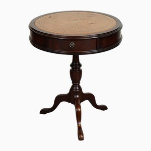 Vintage Drum Side Table with Brown Leather Top
