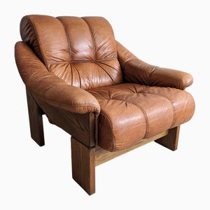 Brutalist Wood and Leather Armchair, 1970s