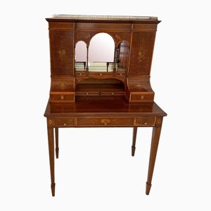 Scrivania antica vittoriana in mogano intarsiato, fine XIX secolo