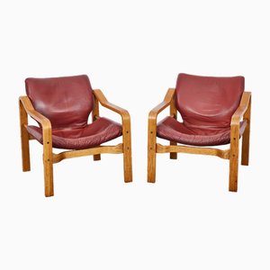 Vintage Leather and Plywood Model Andy Armchairs by Janos Bodnar, Hungary, 1977, Set of 2